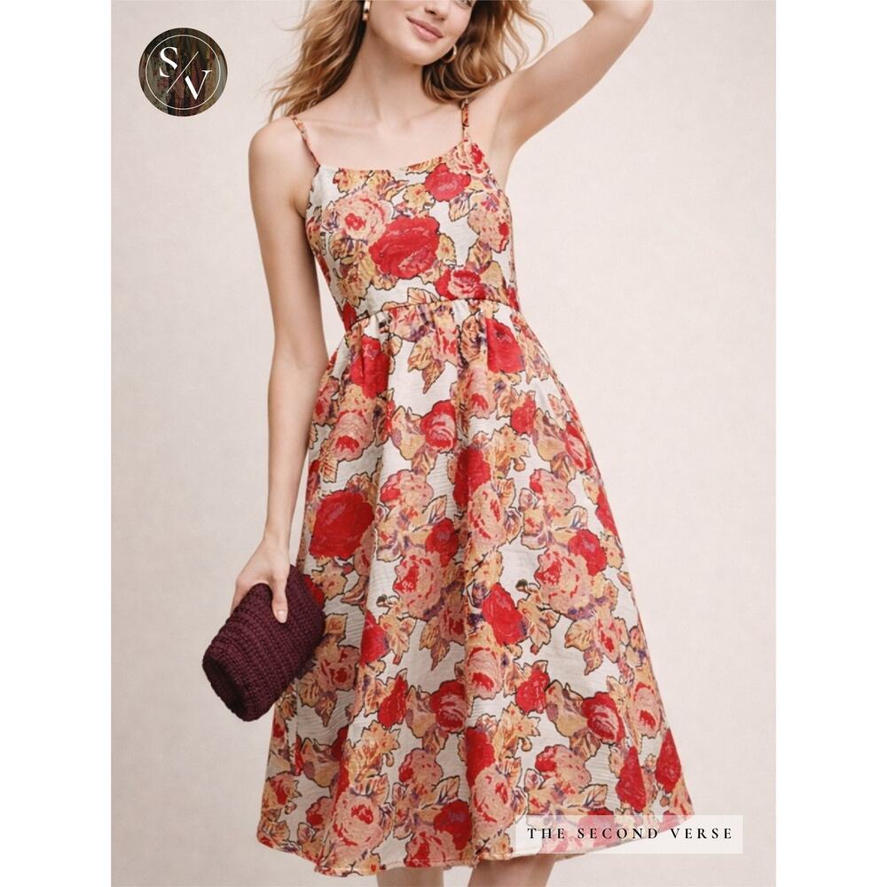 Rachel Antonoff‎ Anthropologie Midi Floral Dress Women Cottagecore Red Rose 2